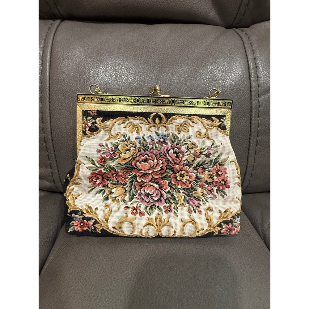 Vintage Floral Tapestry Clutch Bag Gold Tone Kiss Lock Chain Strap Evening Purse